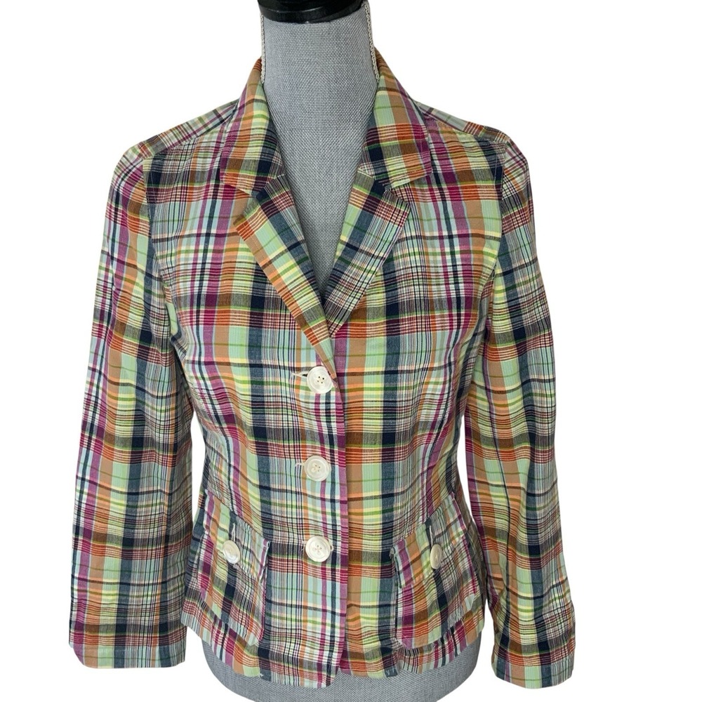 Talbots Madras Plaid Blazer Summer Jacket Sz 6 Petite Cotton Flax Preppy Career